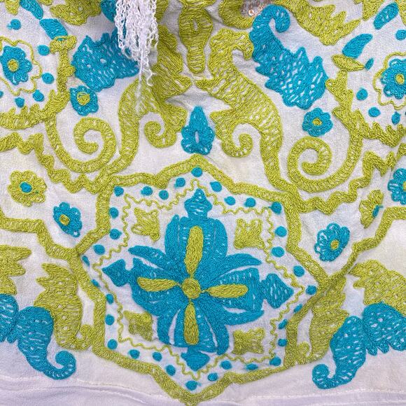 NAMRATA JOSHIPURA Floral Embroidered Silk Blouse Teal Gold Sequins Tassels Sz M - Picture 3 of 11